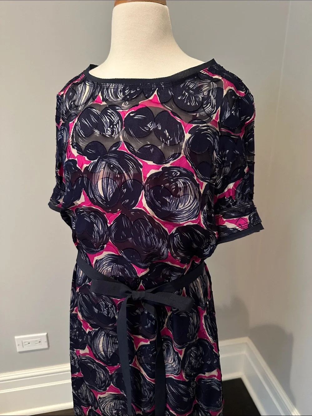 Tory Burch Navy and Pink Polka Dot Belted Dress